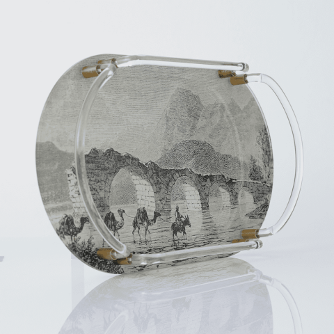 Fatima Oval Acrylic Tray with Historical Engraving & Clear Handles